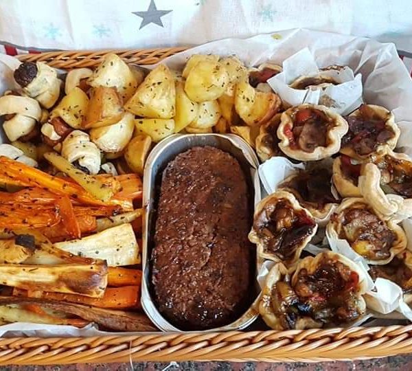 A wonderful hamper of carrots, veg, tarts, roasters and linda McCartney roast